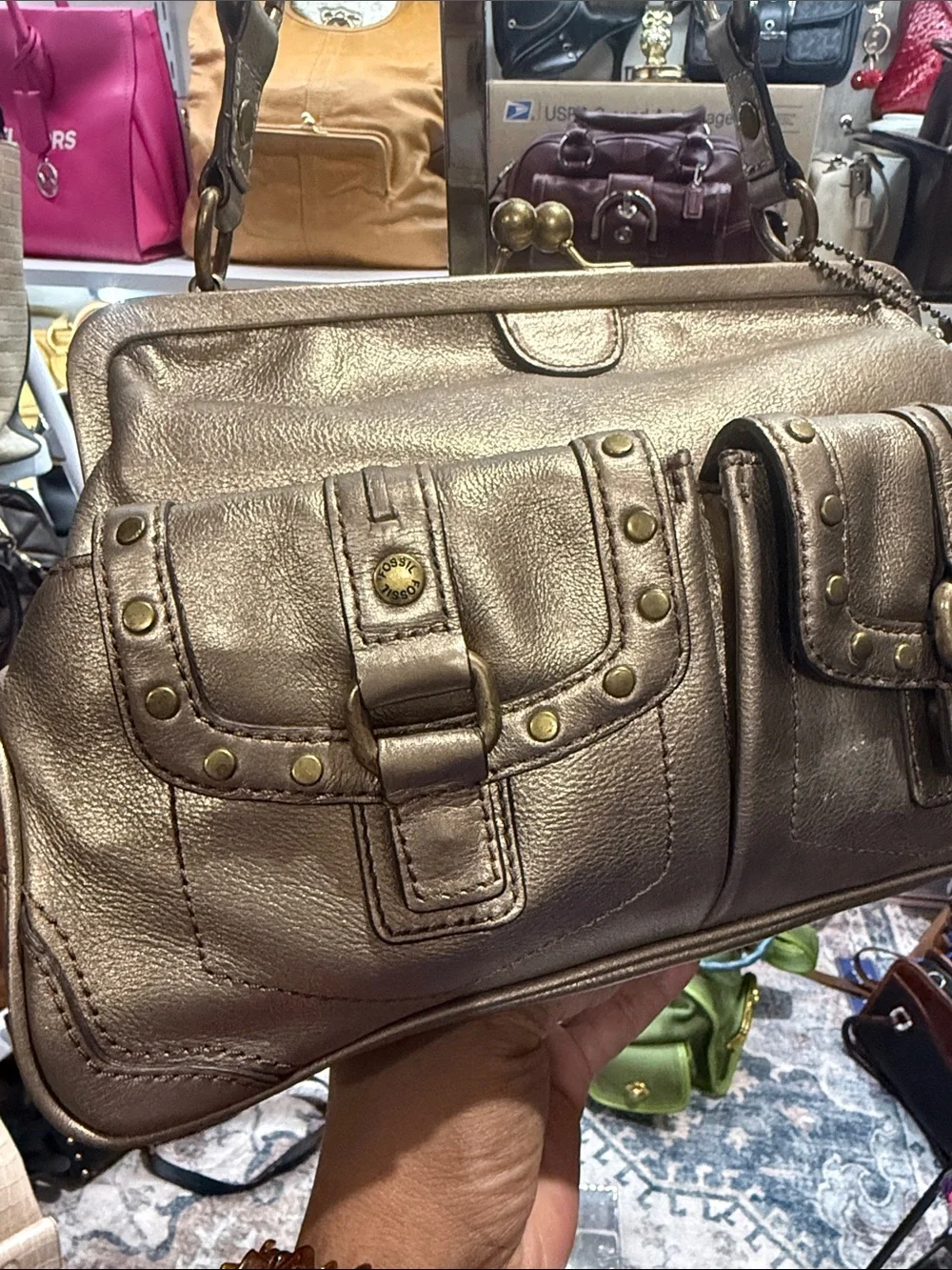 Fossil Vintage Kiss lock Metallic Bronze shoulder Bag with Front Flap Pockets